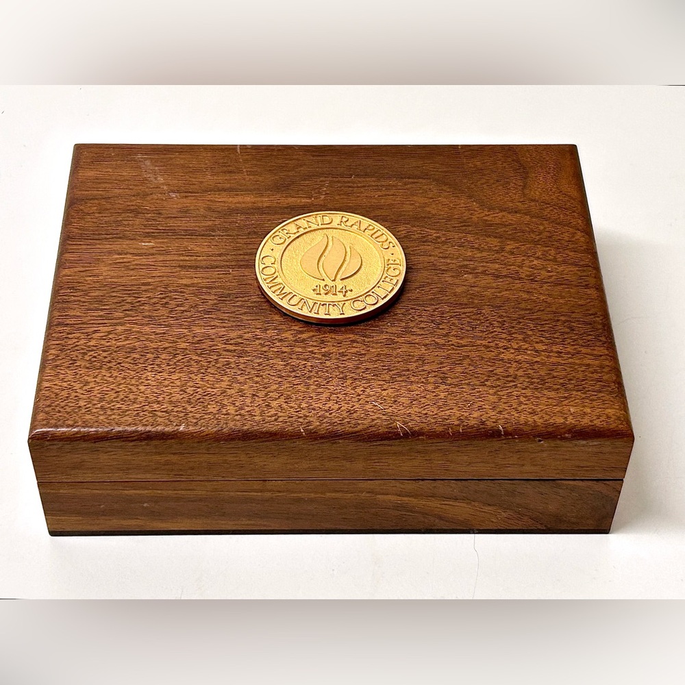 Vintage Grand Rapids Community College 1914 Mirrored Hinge Lidded Hardwood Box